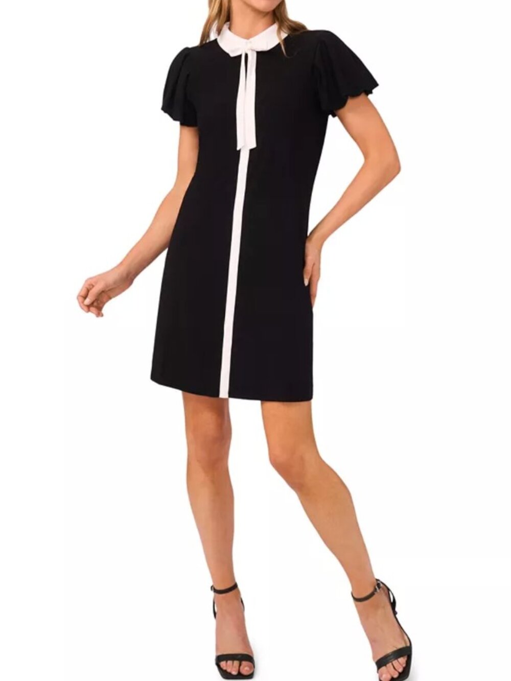 NWT CeCe Black & White Puff Sleeve A-Line Dress Size M MSRP $89